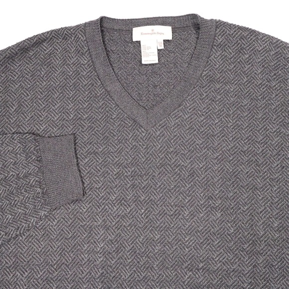 Ermenegildo Zegna V-Neck Sweater Wool Blend‎ Herringbone Knit Mens XXL